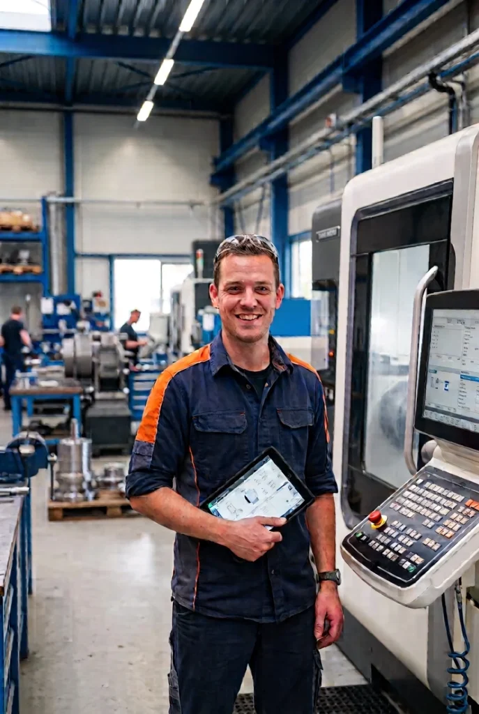 Technicus bij een CNC-machine in een moderne werkplaats