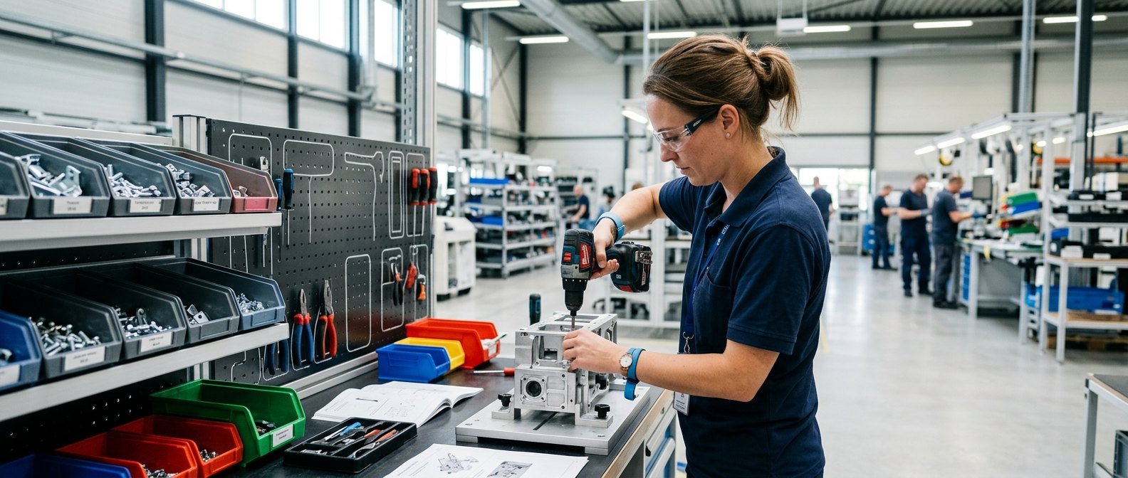 Assembler working on a mechanical component at an assembly workbench