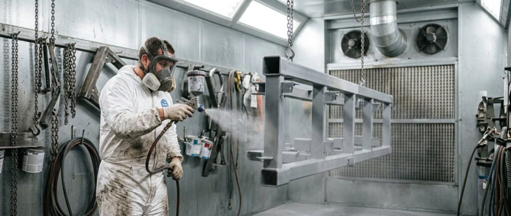 Industrial spray painter coating a steel frame in a paint booth