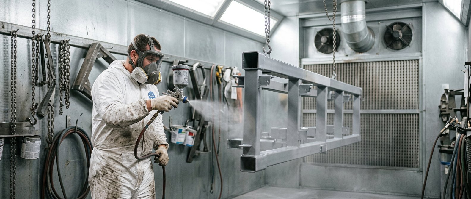 Industrial spray painter coating a steel frame in a paint booth