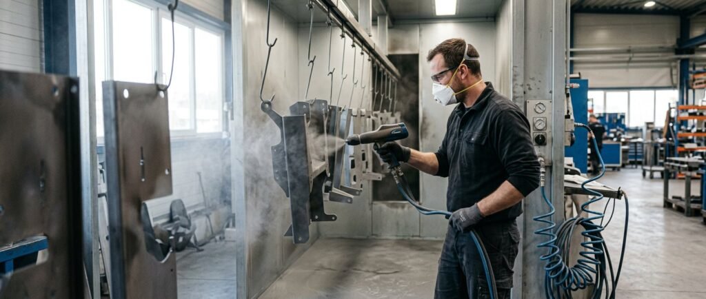 Powder coater applying electrostatic powder coating to steel parts